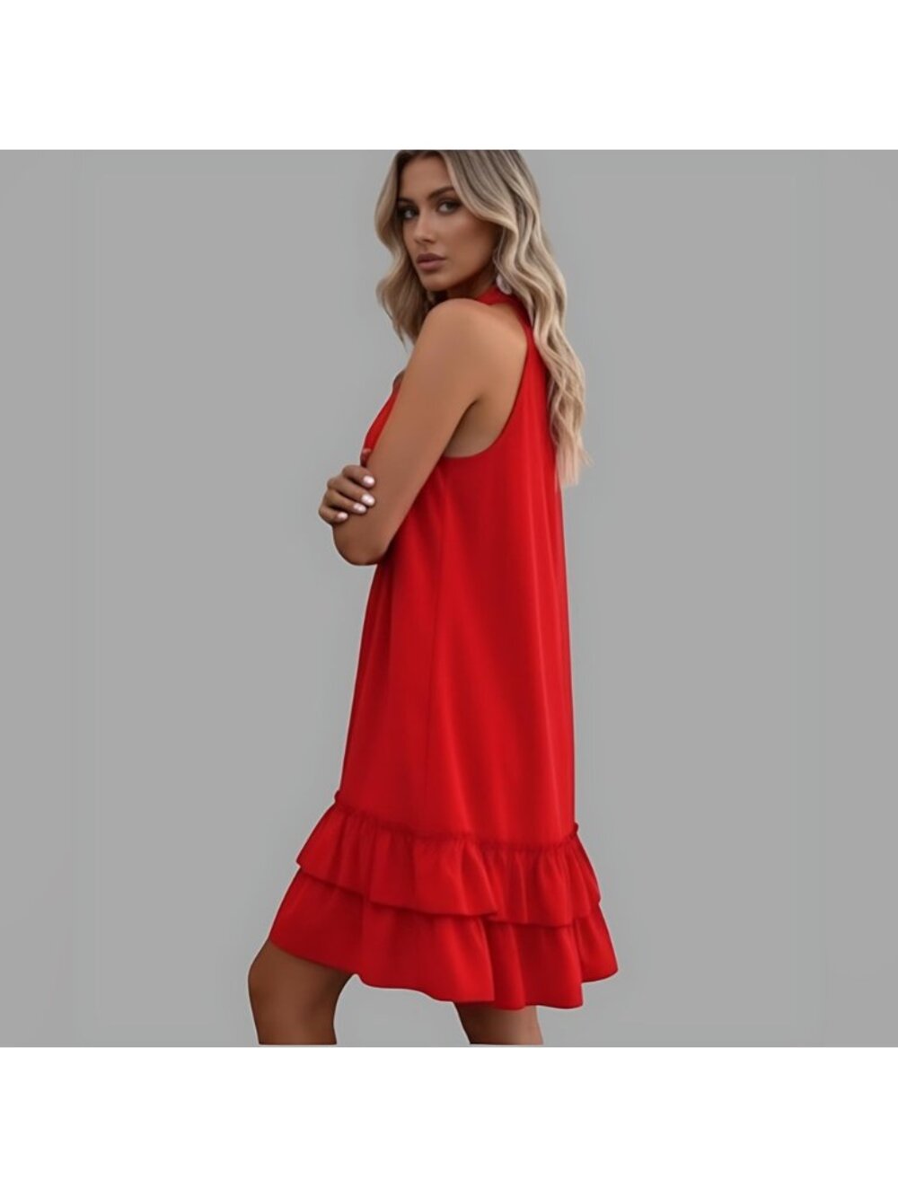 Red Layered Hem Halter Neck Dress - Picture 3 of 9